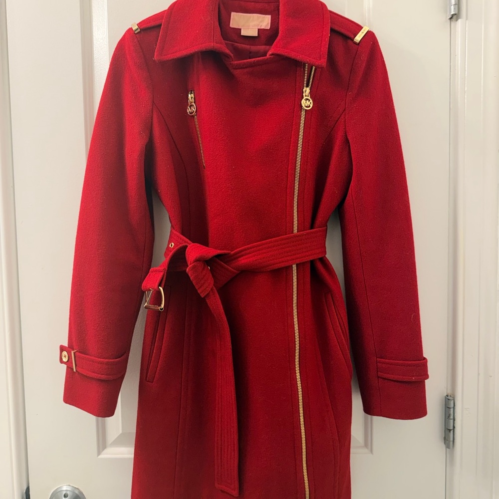 MICHAEL Michael Kors Red Trench Coat with Gold Accents